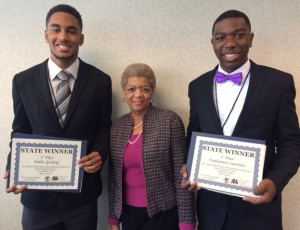 2015 First Place Recipients: Ste'fon Sims for Public Speaking and Ravea Thomas for Employment Interview Skills, with their career specialist Deborah Leahr.