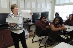 Vicky Perkins leads a teamwork activity in class